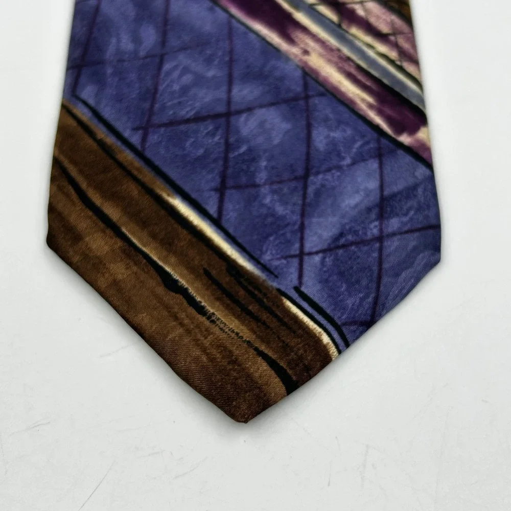 Oleg Cassini Necktie Purple Brown Mens Abstract Geometric Striped EUC 54 x 4 in